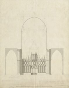 Interior de la Catedral de Lichfield - Entrada del coro a la nave: dibujo y lavado, nd [c 1780] de James Wyatt
