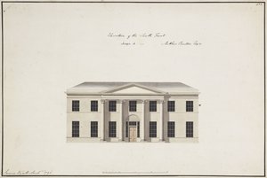 Casa Soho: plano de la planta baja; plano de la planta del dormitorio; elevación del frente sur, diseño A, elevación del frente sur, diseño B, y elevación del frente norte, 1796 de James Wyatt