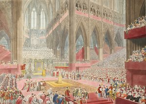 La coronación de Su Majestad, Jorge IV: tomada en el momento del reconocimiento, pub. 1822 (grabado coloreado a mano) de James after Stephanoff