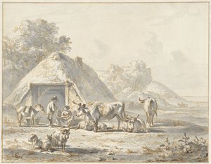 Ganado y figuras delante de un granero de James de Rijk