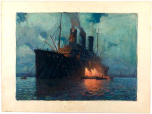 Coaling a Transport at Night, c.1919 (óleo sobre cartón) de James de Vine Aylward