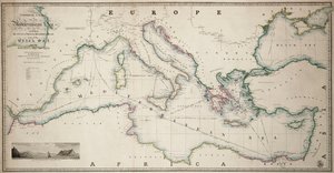 Carta general del mar Mediterráneo, incluido el golfo de Venecia, el archipiélago y parte del mar Negro, con las rutas de los barcos de vapor.