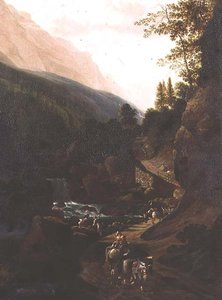 Arrieros en un camino de montaña junto a un torrente de Jan (circle of) Hackaert