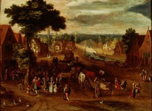 Un pueblo con viajeros fuera de una posada de Jan (follower of) Brueghel