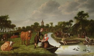 Paisaje fluvial con una pareja llevando un tarro de leche