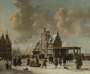 El Paalhuis y el Nieuwe Brug, Ámsterdam, en invierno de Jan Abrahamsz. Beerstraten