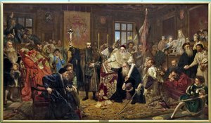 "La Unión de Lublin": tratado político firmado el 1 de julio de 1569 en Lublin (Polonia), que unió el Reino de Polonia y el Gran Ducado de Lituania en un solo Estado, la República de las Dos Naciones, dirigido por una monarquía electiva de Jan Alojzy Matejko