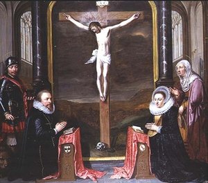 Una crucifixión con retratos de los donantes Adriaen Meusyenbroeck y su esposa, Anna Elant, acompañados por San Adrián y Santa Isabel de Jan Anthonisz. van Ravesteyn