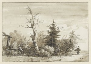Paisaje con grupo de árboles y una espigadora a la derecha