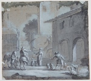 Escena urbana con una puerta abierta, figuras y animales de Jan Asselijn