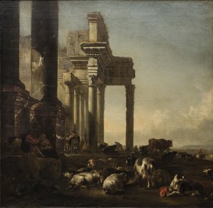 Paisaje italianizante con campesinos, ganado y ovejas junto a ruinas clásicas, c.1650