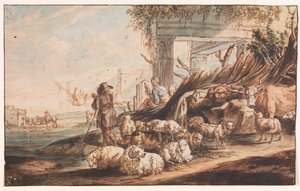 Pastor con un rebaño de ovejas y una vaca entre ruinas de Jan Baptist Weenix