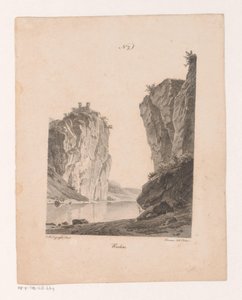 Rotsen langs het agua Rocas (título en el objeto) Principios de los paisajes extraídos de la naturaleza y ejecutados en piedra (título de la serie) de Jan Baptiste de Jonghe