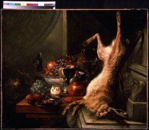 Naturaleza muerta con una liebre. Bodegón con cangrejo, avellana y limón con piel pelada (zeste). Pintura de Jan Baptiste van Moerkerke (1660-1689). Óleo sobre lienzo, arte flamenco. Museo de Bellas Artes Pushkin, Moscú