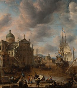 Un puerto mediterráneo "capricho" con figuras conversando en un muelle y un barco holandés de tres mástiles amarrando al fondo, 1665 de Jan Beerstraten