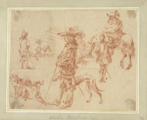 Ficha de estudios con cazadores, caballos y perros de Jan Blom