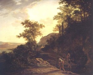Un paisaje boscoso italianizado con viajeros cruzando un arroyo en un paso de montaña de Jan Both