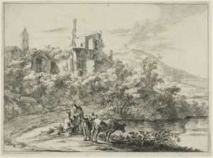 Paisaje con ruinas y dos vacas junto al agua, de una serie de cuatro paisajes romanos horizontales de Jan Both