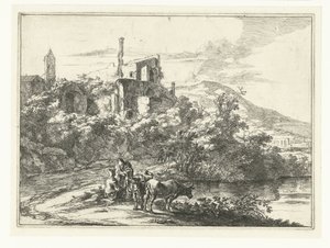 Dos vacas junto al agua en Tivoli Paisajes alrededor de Roma (título de la serie) de Jan Both