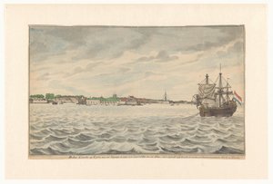 La ciudad de Colombo en Ceilán vista desde el norte en el año 1785 desde los caminos, con su iglesia y torre demolidas, que estaban siendo reconstruidas. (título en el objeto)