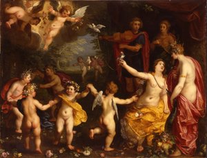 Alegoría del Amor: Venus Sosteniendo un Par de Palomas Atadas, con Ceres, Apolo y Diana, Rodeados de Putti Bailando, en un Paisaje de Jan Brueghel the Elder