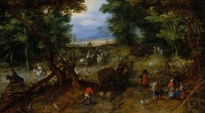 Un camino en el bosque con viajeros