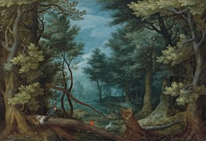 Un paisaje forestal con cazadores persiguiendo a un ciervo de Jan Brueghel the Elder