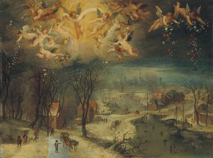 Un paisaje invernal con aldeanos recogiendo leña y patinadores en un río congelado, primer tercio del siglo XVII