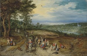 Un extenso paisaje boscoso con viajeros en una pista y campesinos bailando en primer plano / Landscape with Travellers and Peasants on a Track de Jan Brueghel the Elder