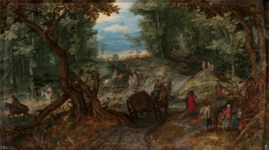Bosque con carros cruzando un arroyo y jinetes de Jan Brueghel the Elder