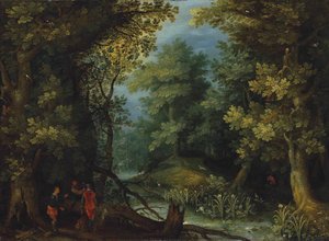 Cazadores con sabuesos junto a un arroyo en un paisaje boscoso de Jan Brueghel the Elder