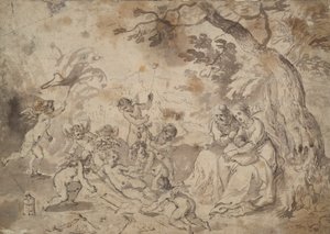 La Virgen María y San José y el Niño Jesús, San Juan y ángeles tocando con los Instrumentos de la Pasión de Jan Brueghel the Elder