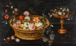 Naturaleza muerta con flores en una cesta y en una tazza dorada de Jan Brueghel the Younger