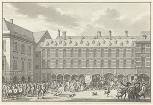Disturbios cuando los diputados de Dordrecht atraviesan Stadhouderspoort en Binnenhof, 1786 de Jan Bulthuis
