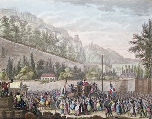 Las mujeres de Les Halles en Auteuil llevando a la familia real francesa a París desde Versalles el 6 de octubre de 1789, 1796 de Jan Bulthuis