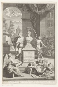 Busto de Hugo de Groot alabado por Victoria La vida y los negocios del Sr. Huig de Groot (título sobre el objeto) Página de título para: Caspar Brandt y Adriaan van Cattenburg, Historia de la vida del Sr. Huig de Groot, 1727 de Jan Caspar Philips