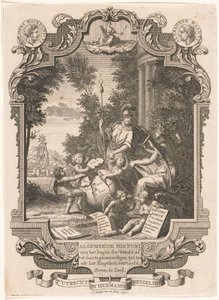 Cartouche con alegoría de la historia de Grecia Página de título para: Kornelis Westerbaen, Algemeene histori, 1742 de Jan Caspar Philips