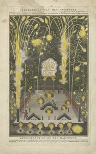Fuegos artificiales lanzados el 15 de octubre de 1745, onomástica de María Teresa, encargados por Anthoni de Groot Representación de los fuegos artificiales, por Anthoni de Groot, Courantier van The Hague, el XV de octubre MDCCXLV en el primer incidente de