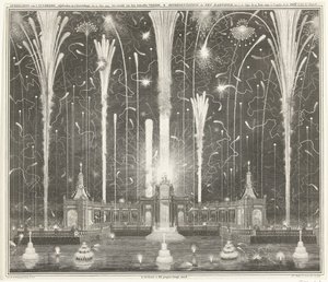 Fuegos artificiales en La Haya por la Paz de Aquisgrán, 1749 Representación de los fuegos artificiales disparados en La Haya el 13 de junio de 1749, utilizada por den Aakensche Vreede / Representation du feu d