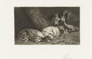Dos perros están descansando con el botín. de Jan Cassiers
