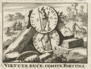 Monedas romanas apoyadas en un montón de piedras Virtute Duce, Comité Fortuna (título sobre objeto)