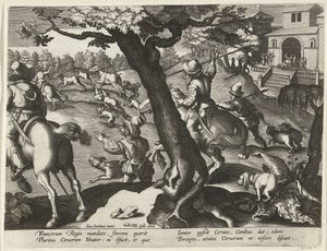 Hertenjacht conoció a honden Jachttaferelen (título de la serie) La caza de animales salvajes, aves y peces en el Bestiario (título de la serie) de Jan Collaert (II) (attributed to)