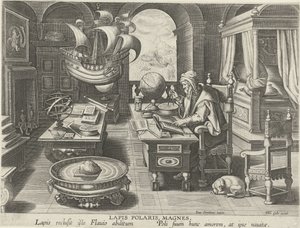 Invención de la brújula Lapis Polaris, Magnes (título sobre objeto) Nuevos inventos y descubrimientos (título de la serie) Nova Reperta (título de la serie) de Jan Collaert (II) (attributed to)