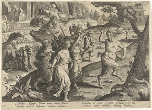 Vrouwen verjagen een sater Jachttaferelen (título de la serie) La caza de animales salvajes, aves y peces en el Bestiario (título de la serie) de Jan Collaert (II)