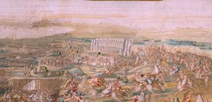 Tapiz flamenco. Serie La Conquista de Túnez. El Ataque a la Goleta (Ataque a la Goleta). Cuarto tapiz de la serie. Modelo Jan Vermeyen y Pieter Coecke van Aelst. 1543-1548. Fabricación Real Fábrica de Tapices de Santa Bárbara, Madrid de Jan Cornelisz Vermeyen