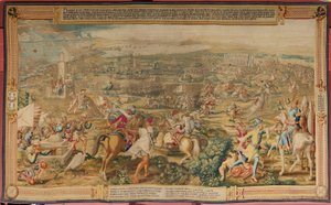 Tapiz flamenco. Serie La Conquista de Túnez. El Ataque a la Goleta (Ataque a la Goleta). Cuarto tapiz de la serie. Modelo Jan Vermeyen y Pieter Coecke van Aelst. 1543-1548. Fabricación Real Fábrica de Tapices de Santa Bárbara, Madrid