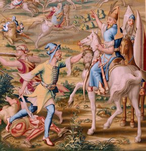 Tapiz flamenco. Serie La Conquista de Túnez. El Ataque a la Goleta (Ataque a la Goleta). Cuarto tapiz de la serie. Modelo Jan Vermeyen y Pieter Coecke van Aelst. 1543-1548. Fabricación Real Fábrica de Tapices de Santa Bárbara, Madrid de Jan Cornelisz Vermeyen