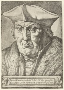 Retrato de Erard de la Marck, Príncipe-Obispo de Lieja Reerendill Euhardus Amarka ... bulliacen Comes Lossen (título sobre objeto) de Jan Cornelisz Vermeyen