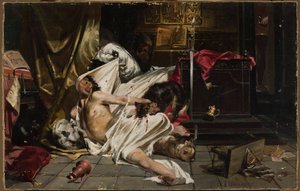 Hombre luchando con lobos