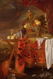 Una cesta de frutas mixtas con copa dorada, cáliz de plata, nautilus, vaso y duraznos en un plato de Jan Davidsz de Heem